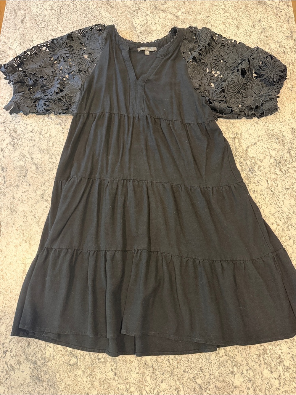 Black Lace-Sleeve Tiered Dress